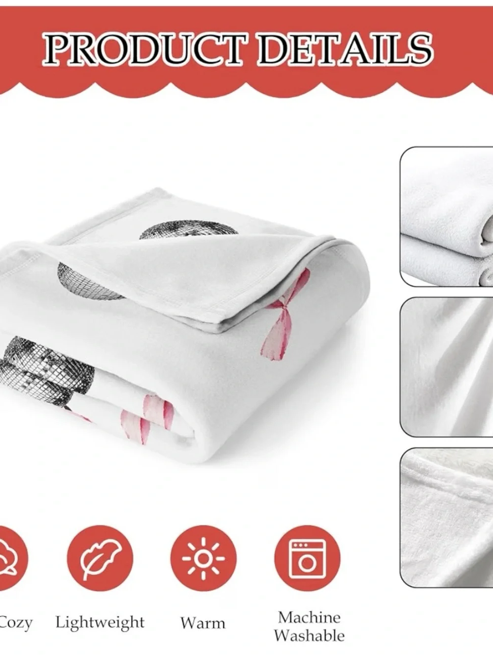 White Cherry Disco Throw Blanket with Pink Ribbon